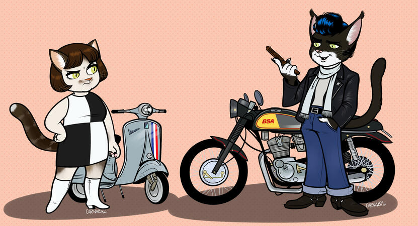 Flat Colour Fullbody x2 + Scooter and Motorbike - @Martymcchew on Twitter&#39;s IRL Cats interpreted as anthro subcultures! - 2022
